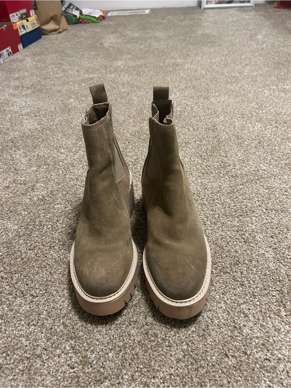 Dolce Vita Olive Suede Chukka Boots with Tan Lug Platform